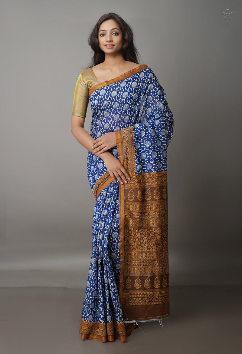 Navy Blue  Screen Printed Chanderi Sico Saree-UNM69902