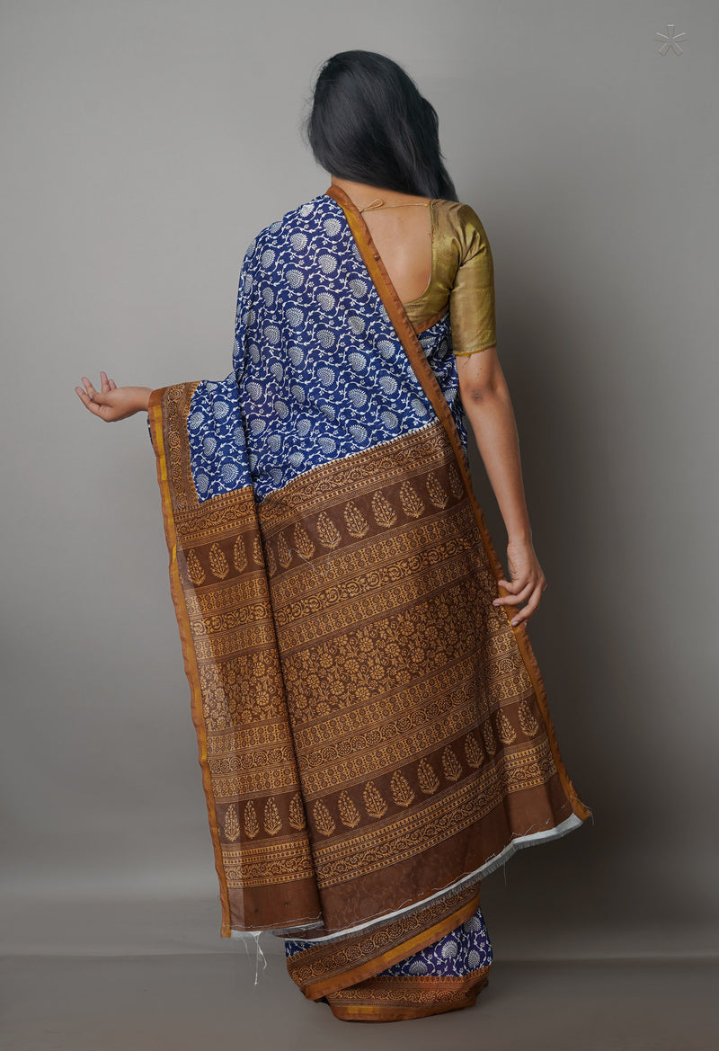 Navy Blue  Screen Printed Chanderi Sico Saree-UNM69902