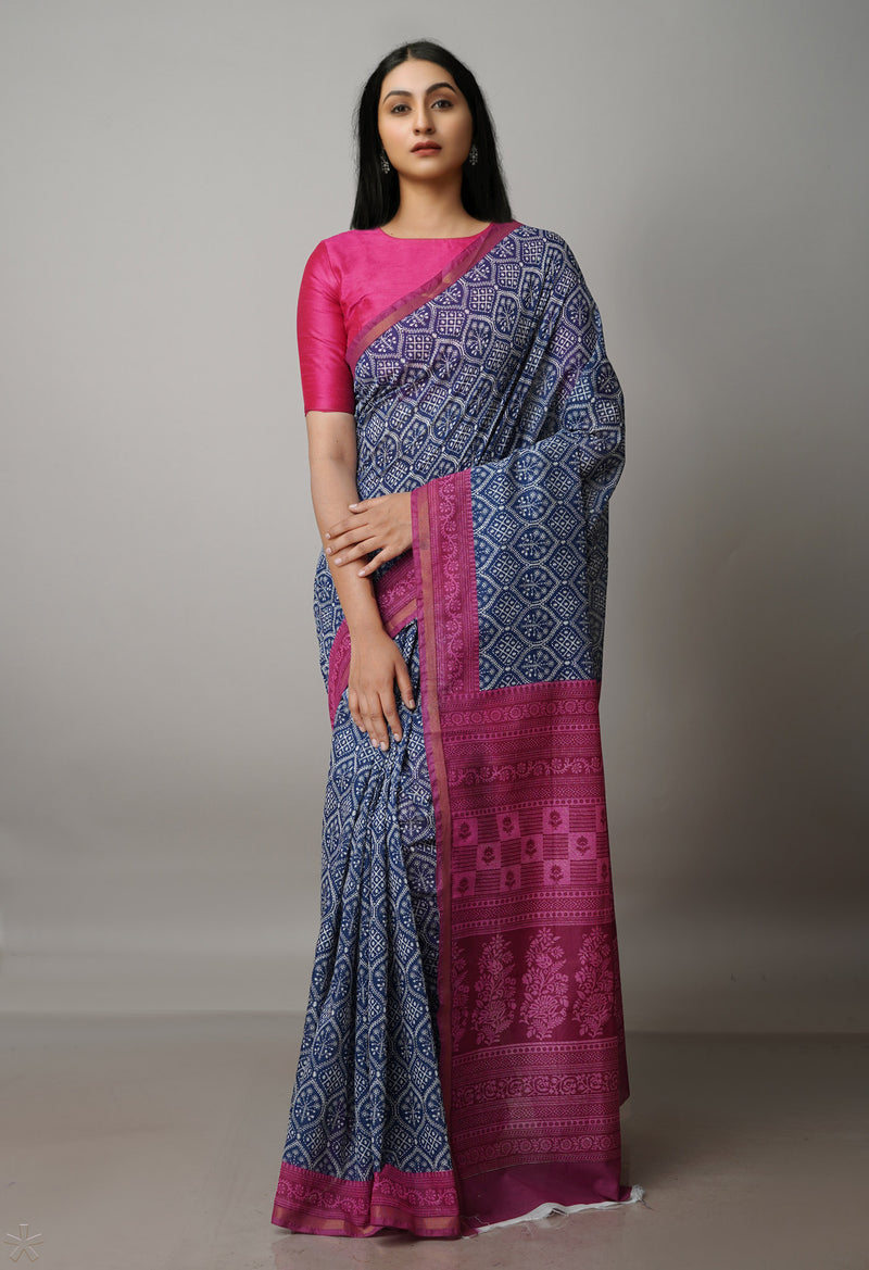 Navy Blue  Screen Printed Chanderi Sico Saree-UNM69905