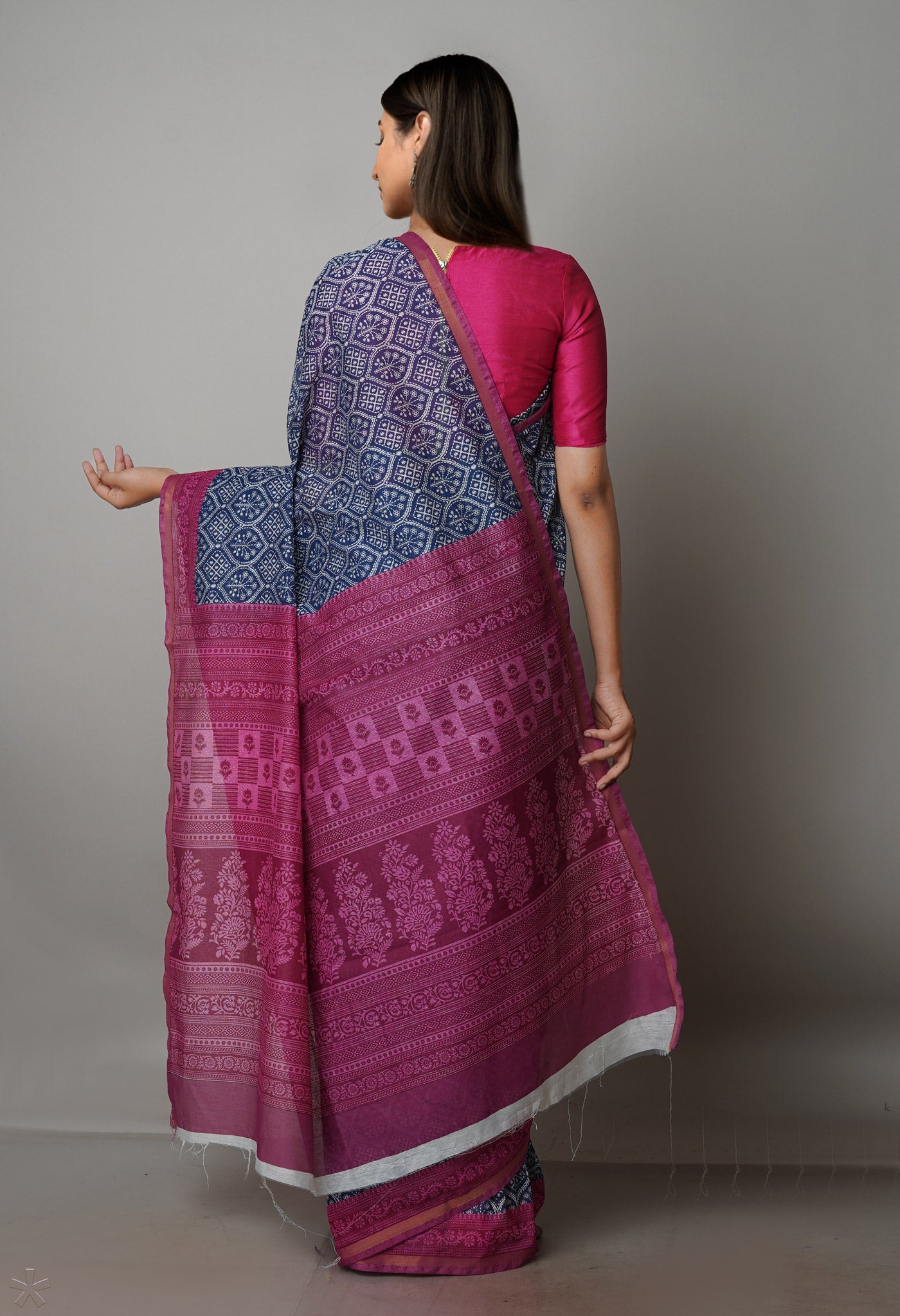 Navy Blue Screen Printed Chanderi Sico Saree