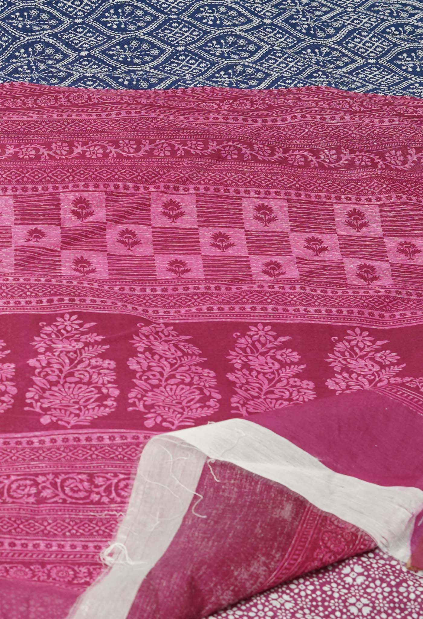 Navy Blue Screen Printed Chanderi Sico Saree