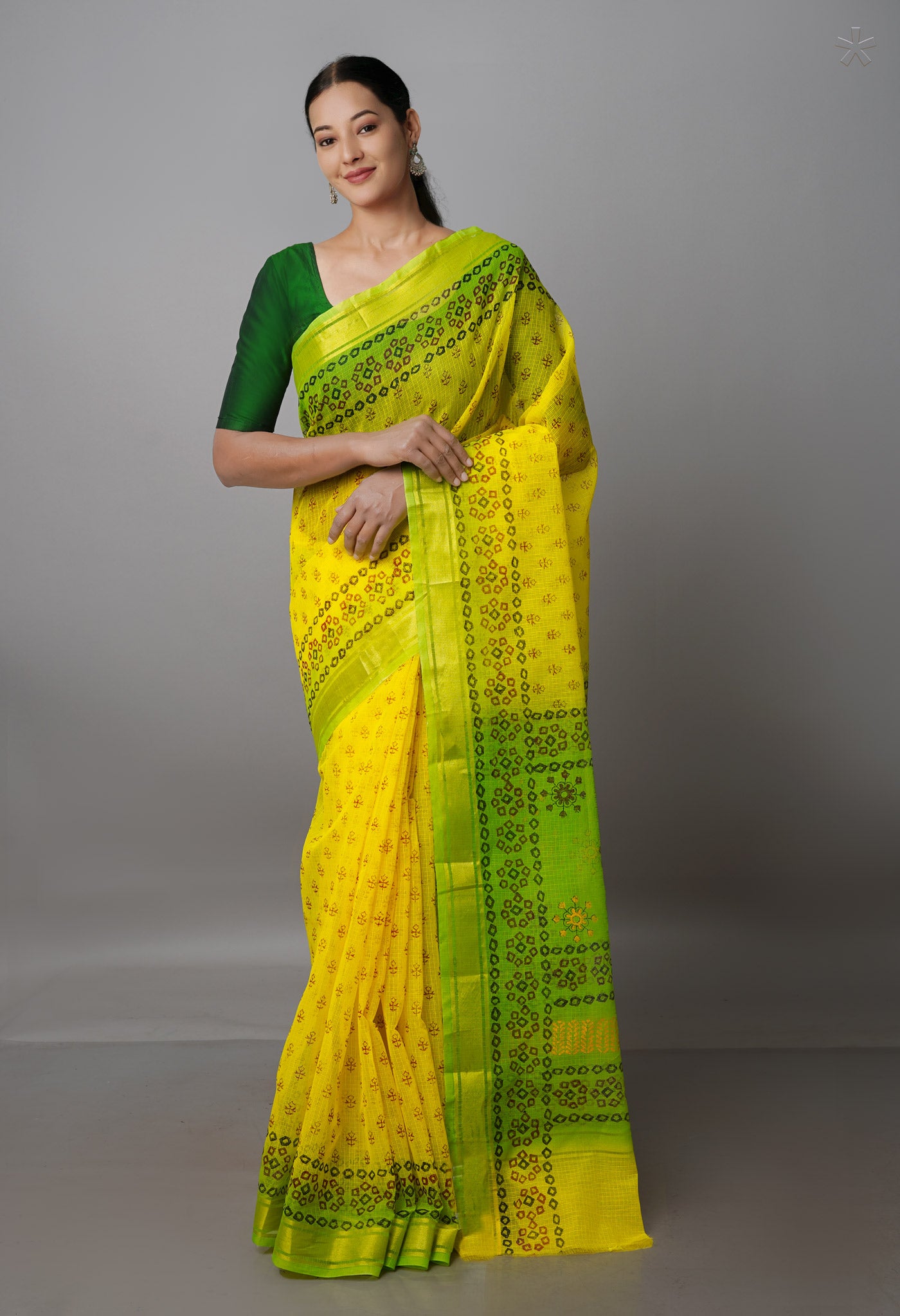 Lemon Yellow Pure  Block Printed Kota Cotton Saree-UNM69911