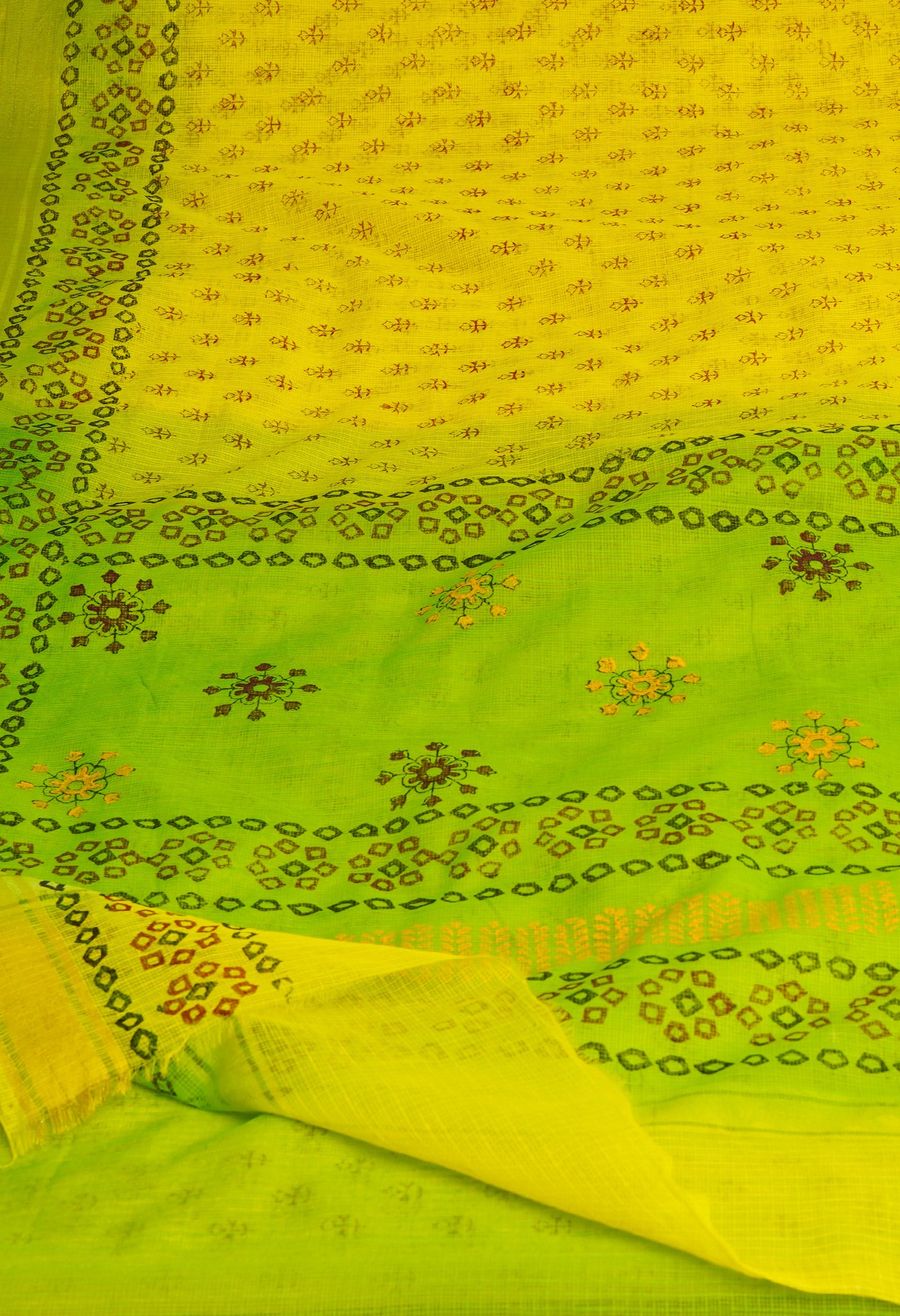 Lemon Yellow Pure  Block Printed Kota Cotton Saree-UNM69911