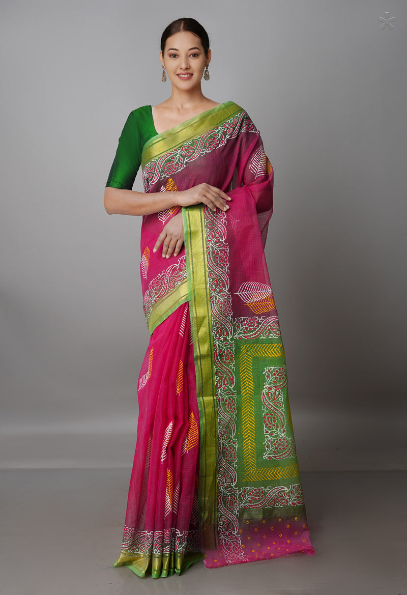 Burgundy Pure  Block Printed Kota Cotton Saree-UNM69912