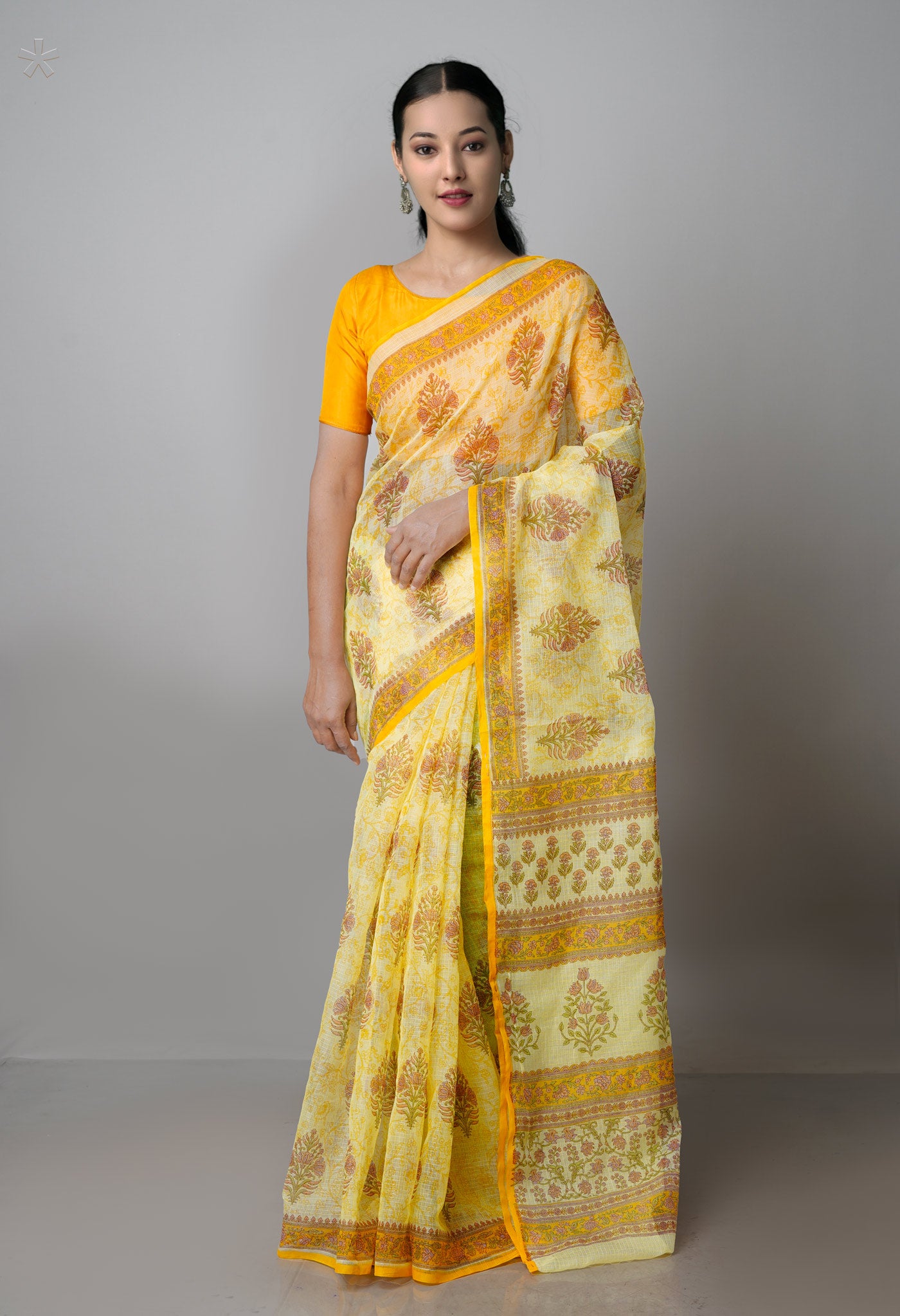 Yellow Pure  Block Printed Kota Cotton Saree-UNM69923