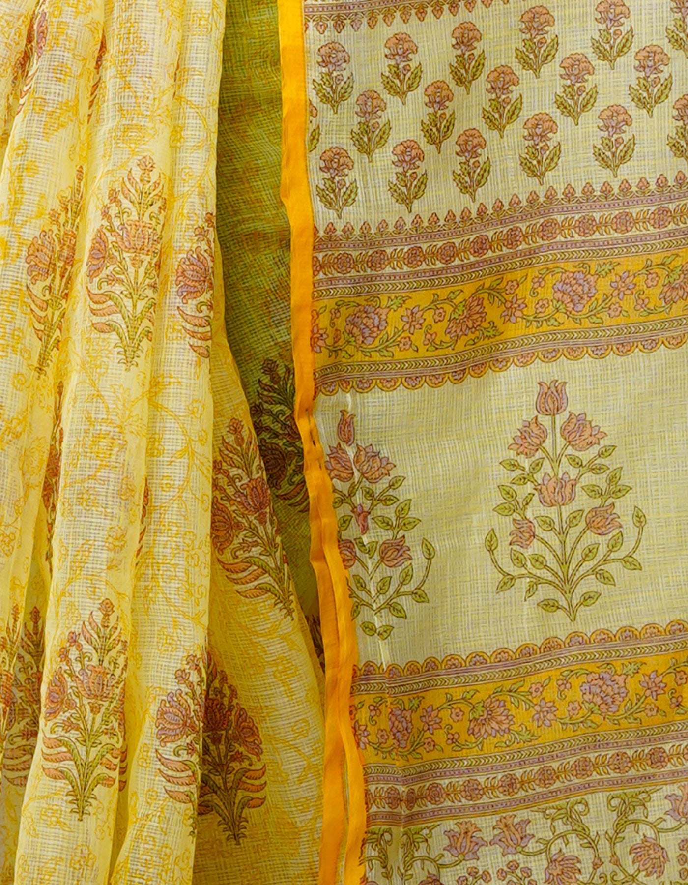 Yellow Pure  Block Printed Kota Cotton Saree-UNM69923