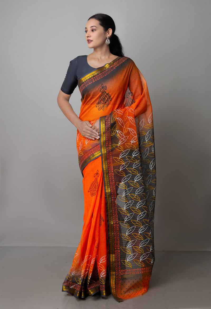 Orange Pure  Block Printed Kota Cotton Saree-UNM69933