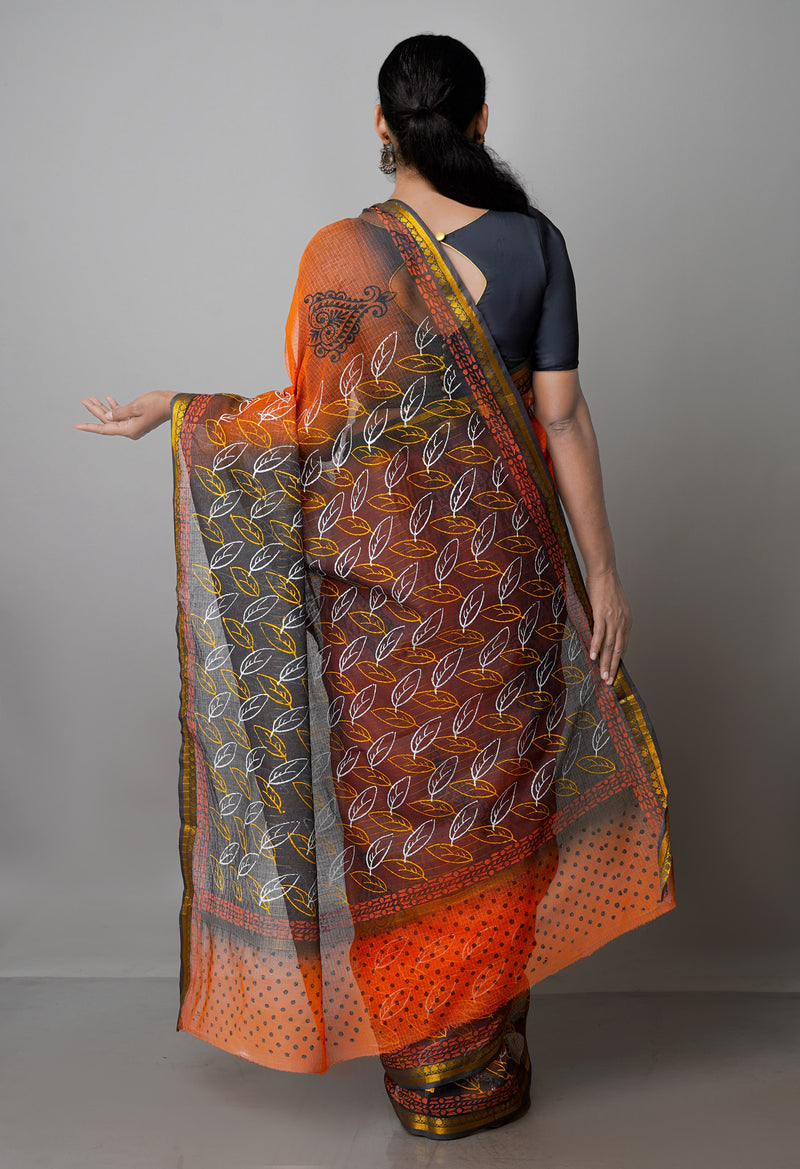 Orange Pure  Block Printed Kota Cotton Saree-UNM69933