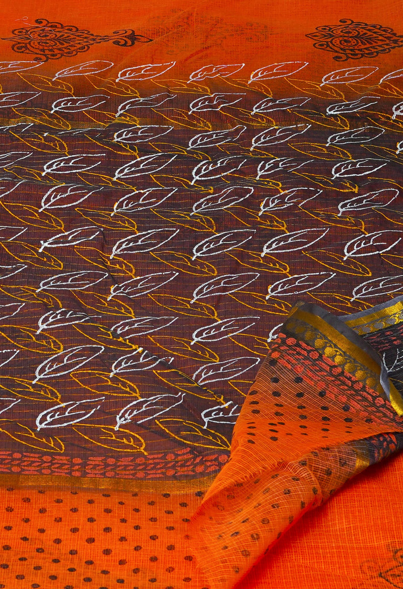 Orange Pure  Block Printed Kota Cotton Saree-UNM69933