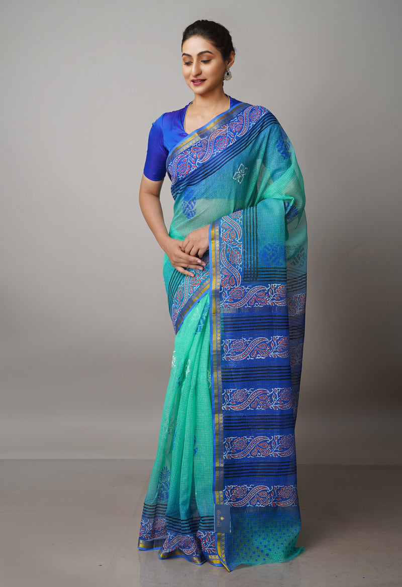 Sea Green Pure  Block Printed Kota Cotton Saree-UNM69935