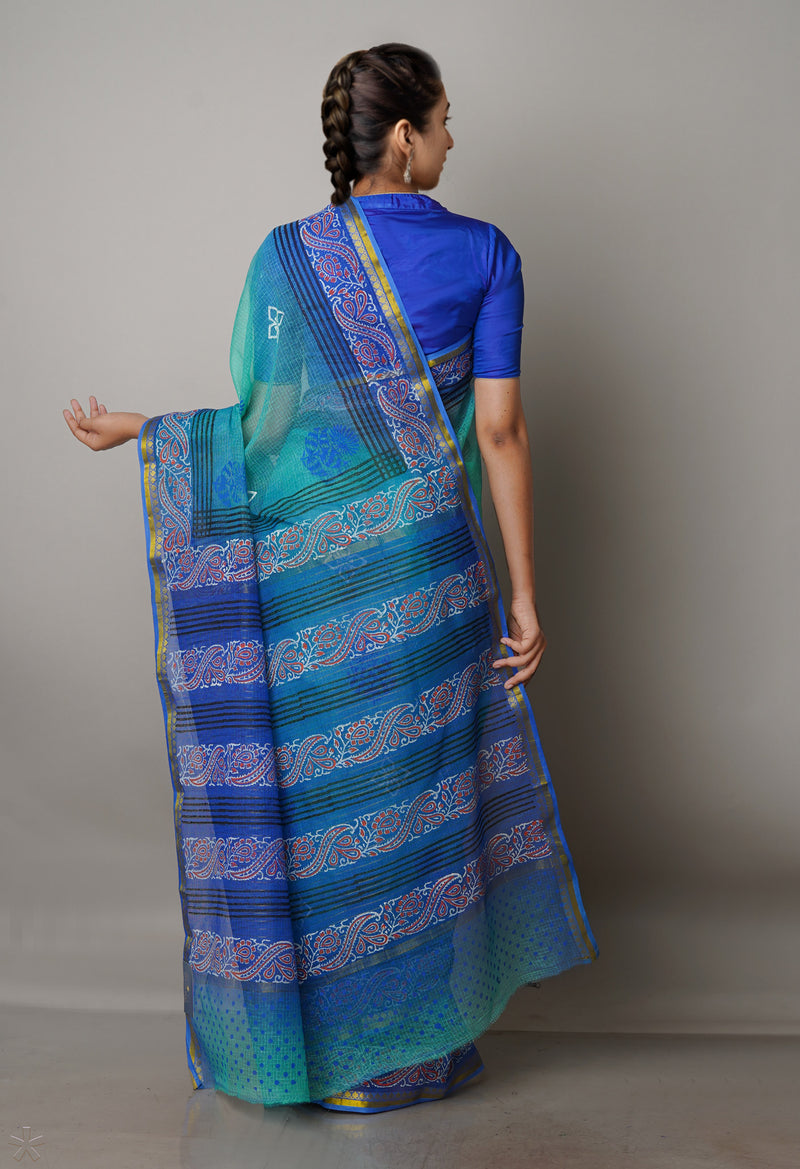 Sea Green Pure  Block Printed Kota Cotton Saree-UNM69935