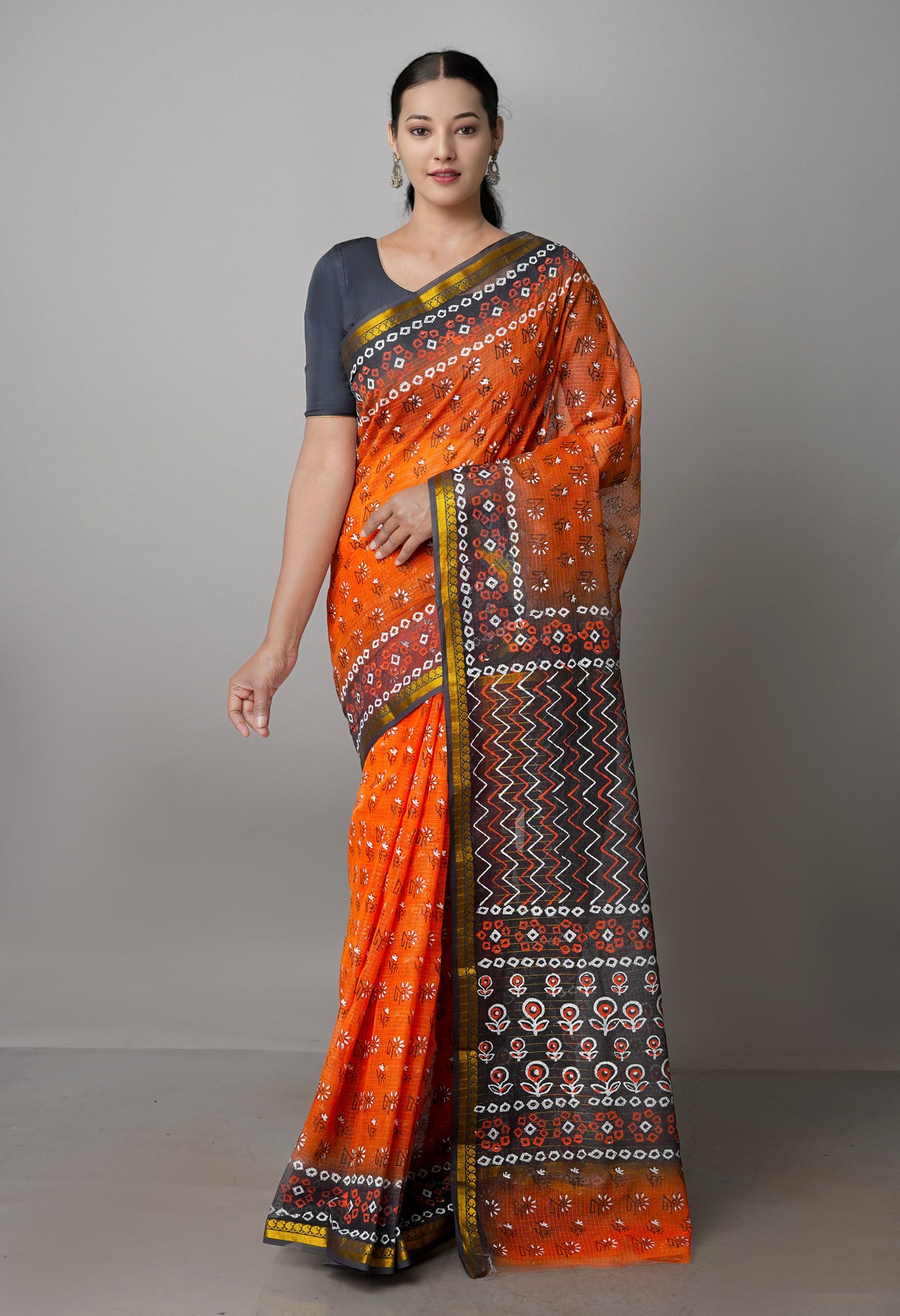Orange Pure  Block Printed Kota Cotton Saree-UNM69936