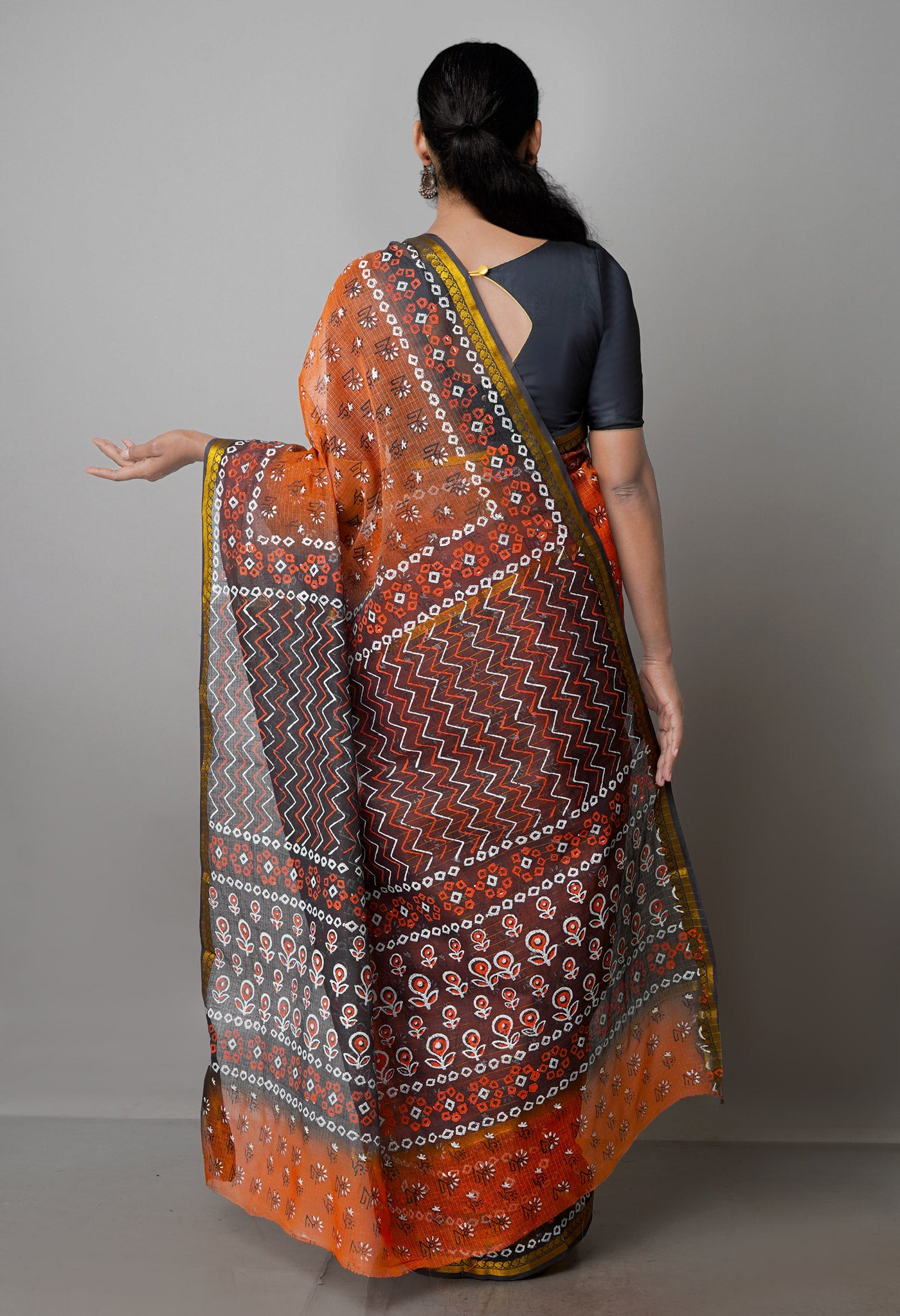 Orange Pure  Block Printed Kota Cotton Saree-UNM69936