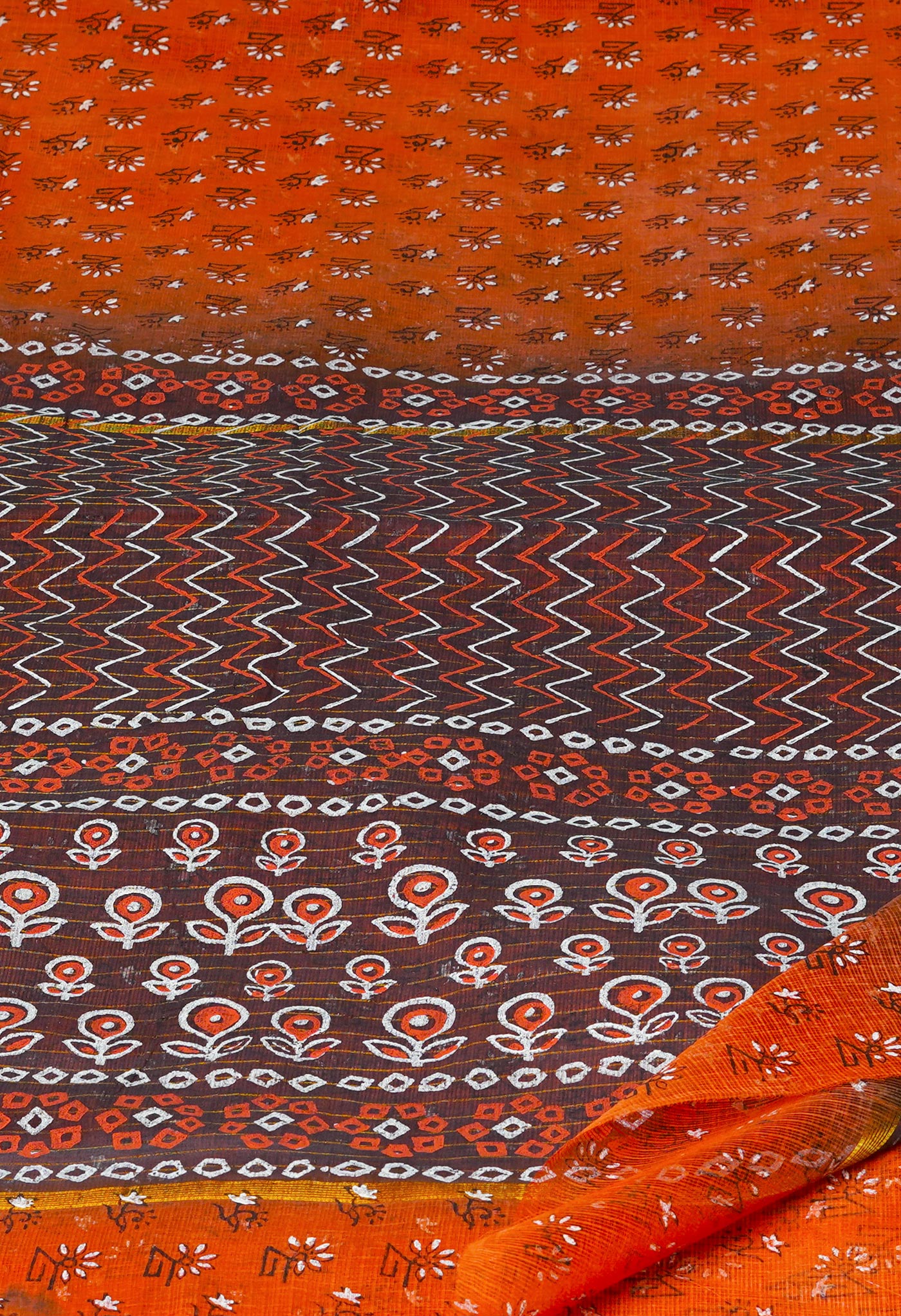 Orange Pure  Block Printed Kota Cotton Saree-UNM69936
