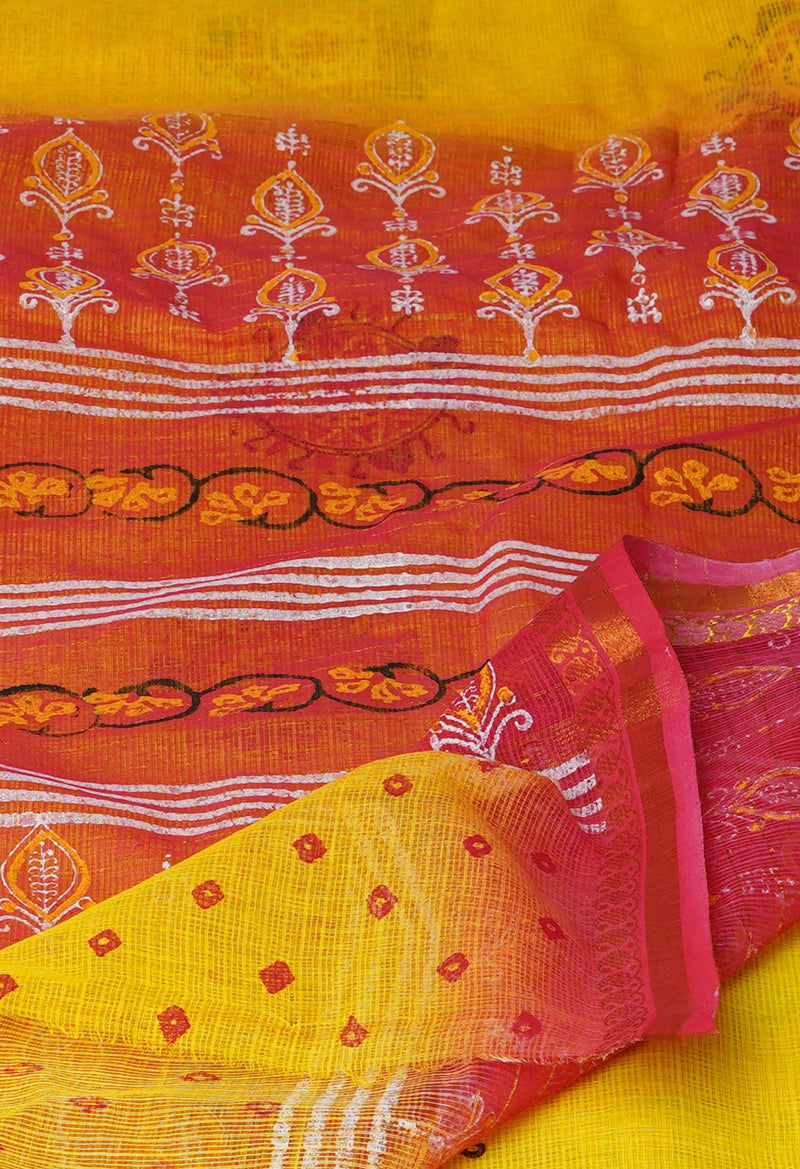 Yellow Pure  Block Printed Kota Cotton Saree-UNM69937