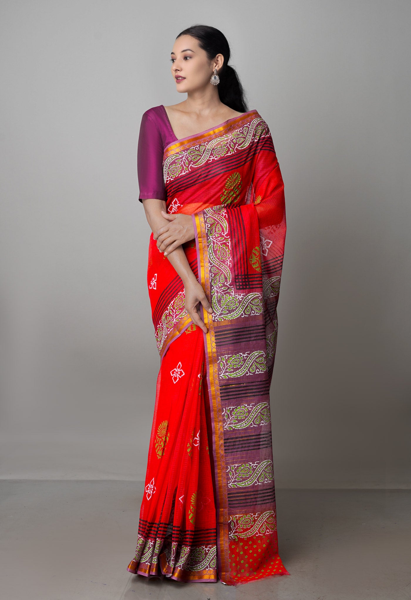 Red Pure Block Printed Kota Cotton Saree