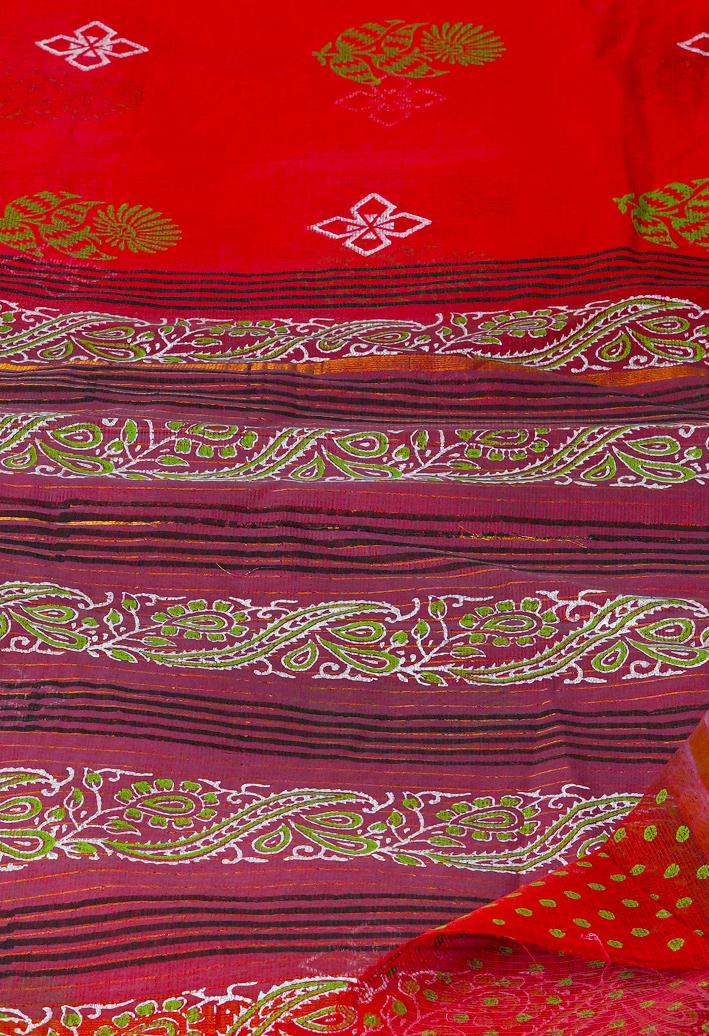 Red Pure Block Printed Kota Cotton Saree