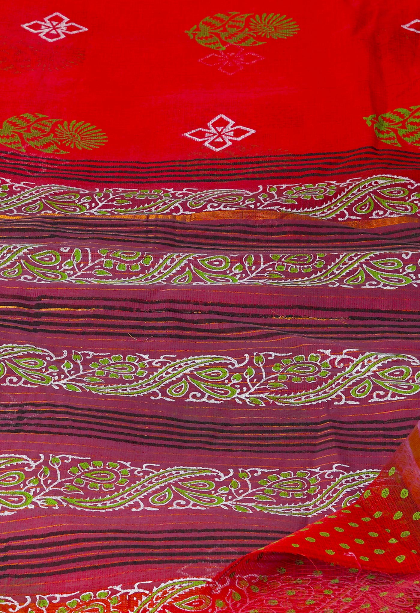 Red Pure Block Printed Kota Cotton Saree