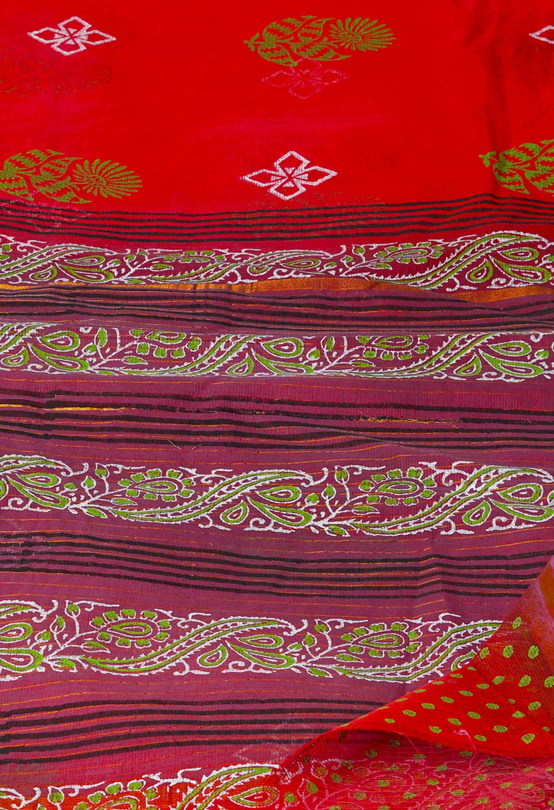 Red Pure  Block Printed Kota Cotton Saree-UNM69938