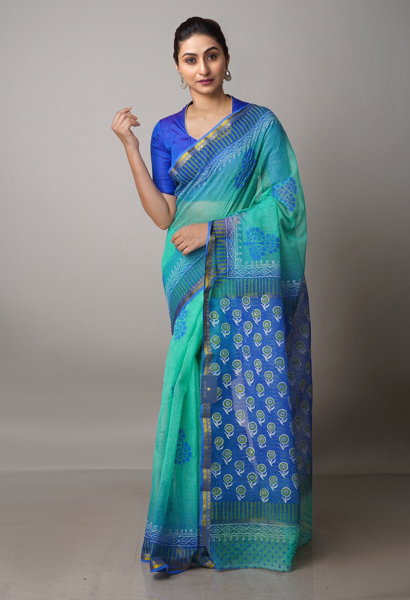 Sea Green Pure  Block Printed Kota Cotton Saree-UNM69941