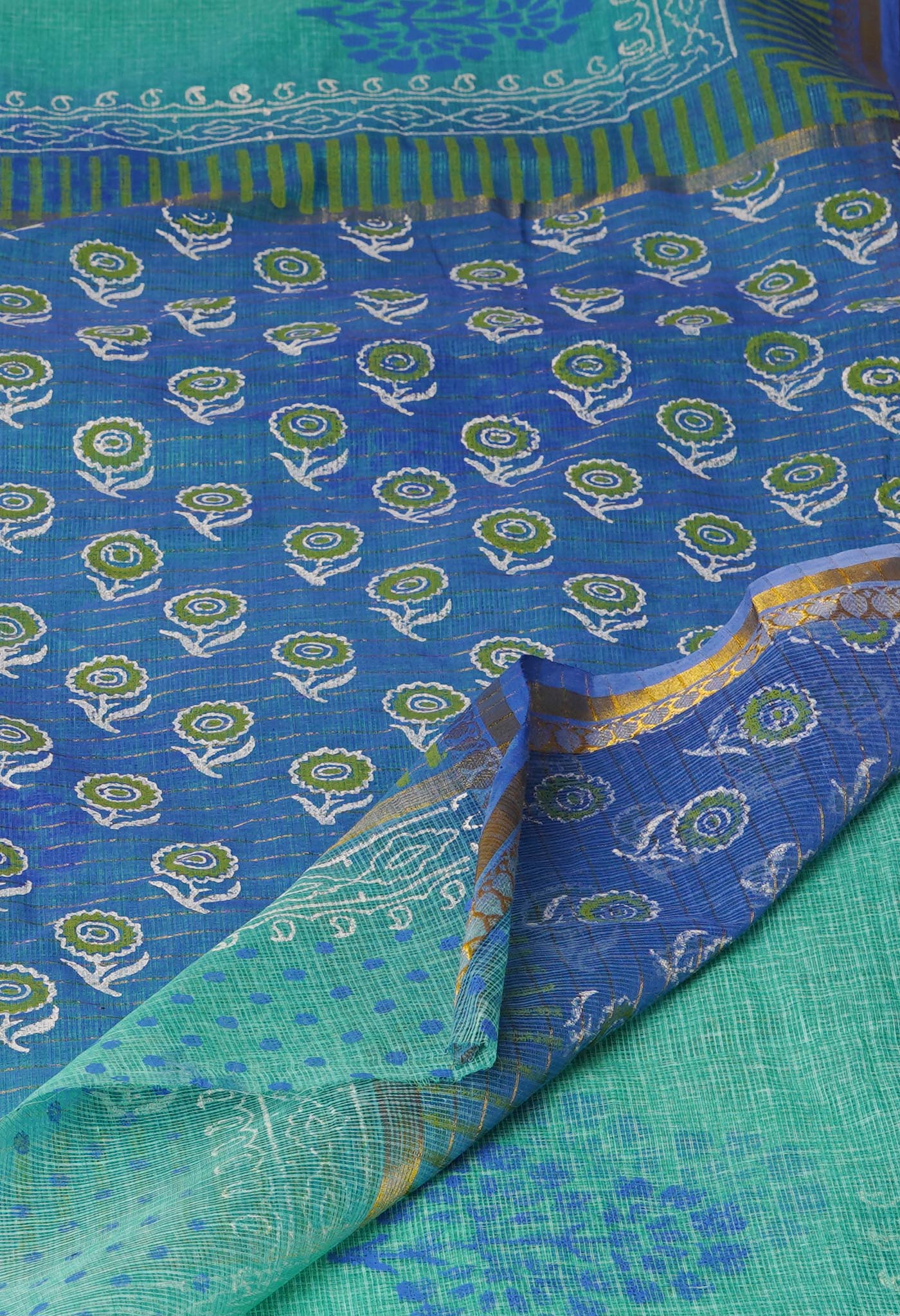Sea Green Pure  Block Printed Kota Cotton Saree-UNM69941
