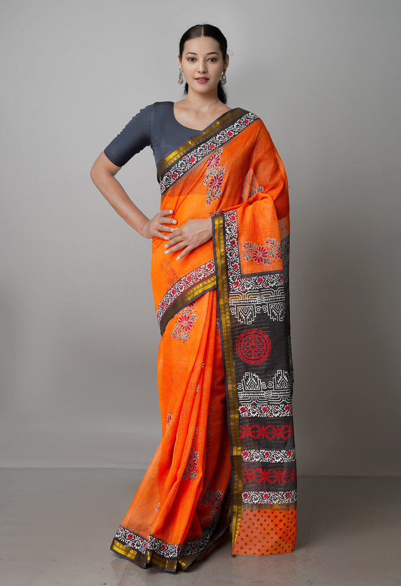 Orange Pure  Block Printed Kota Cotton Saree-UNM69942