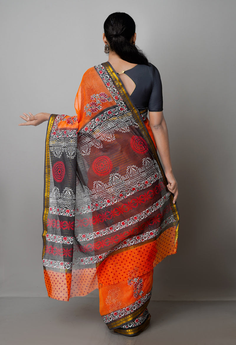Orange Pure  Block Printed Kota Cotton Saree-UNM69942