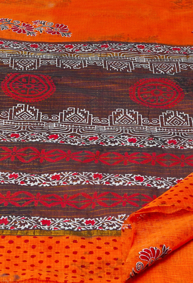 Orange Pure  Block Printed Kota Cotton Saree-UNM69942