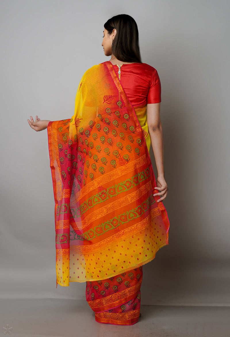 Yellow Pure  Block Printed Kota Cotton Saree-UNM69943