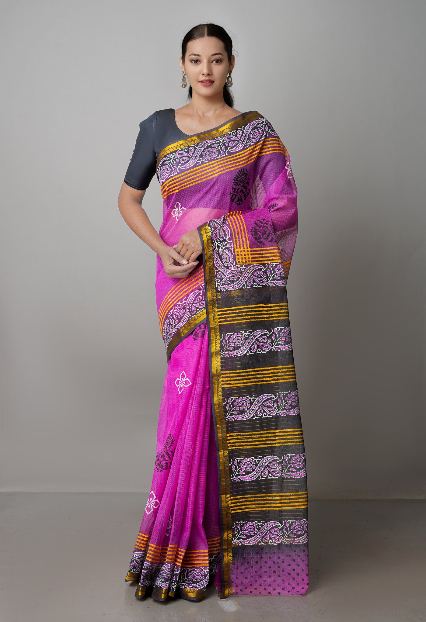 Purple Pure Block Printed Kota Cotton Saree