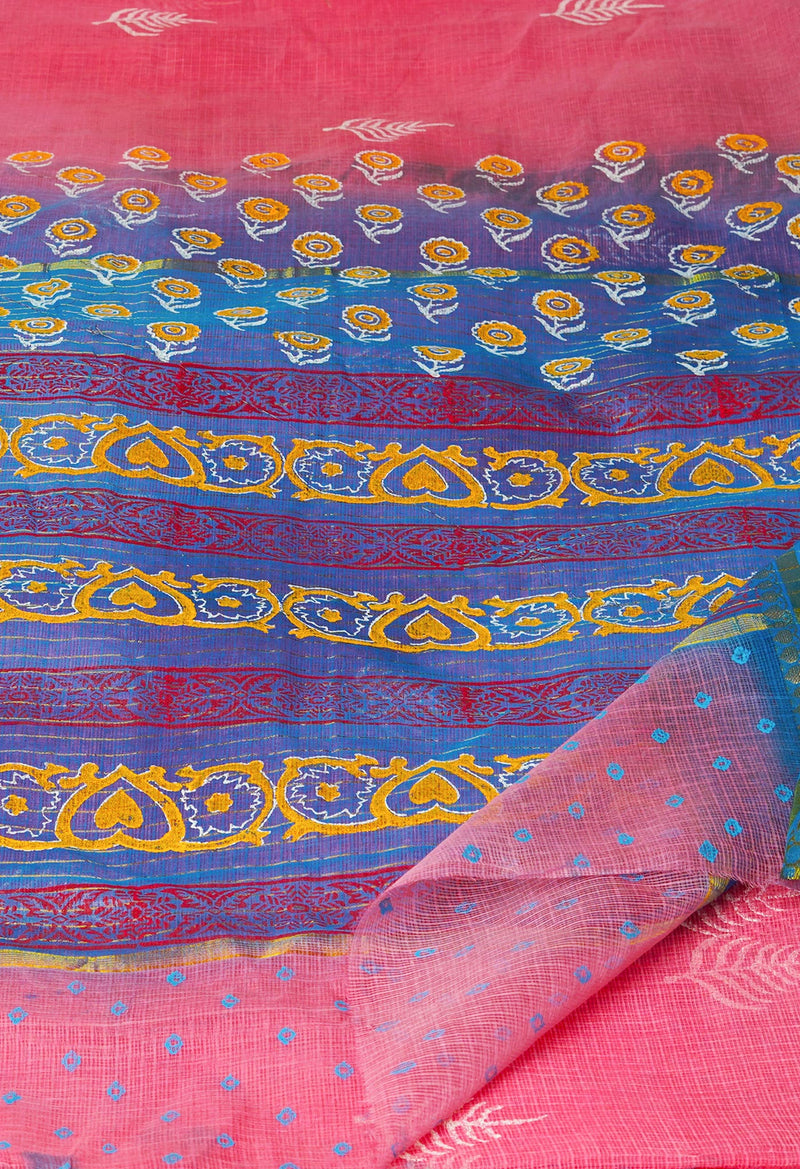 Peach Red Pure  Block Printed Kota Cotton Saree-UNM69947
