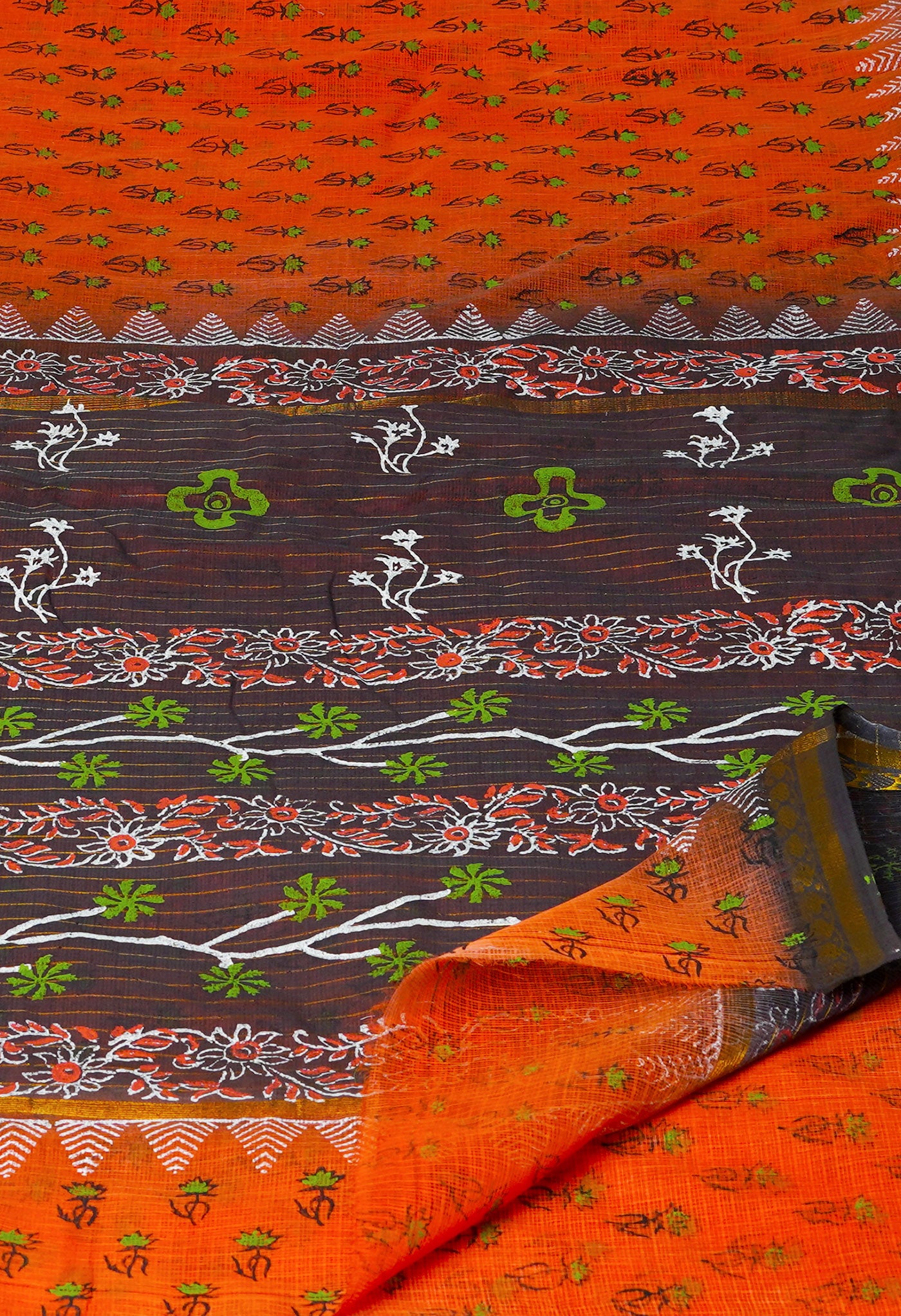 Orange Pure  Block Printed Kota Cotton Saree-UNM69950