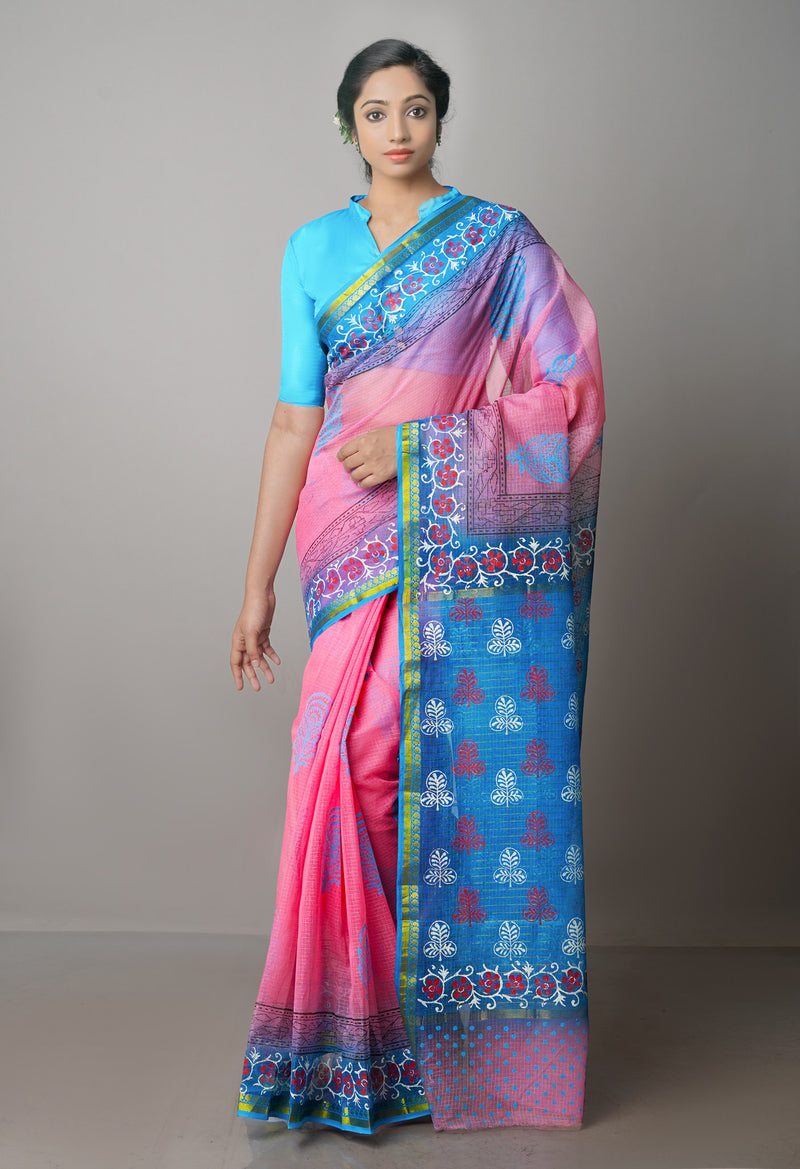 Peach Red Pure  Block Printed Kota Cotton Saree-UNM69957