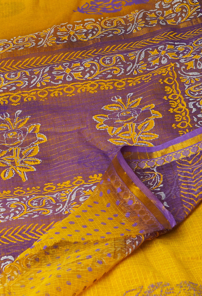 Yellow Pure  Block Printed Kota Cotton Saree-UNM69960