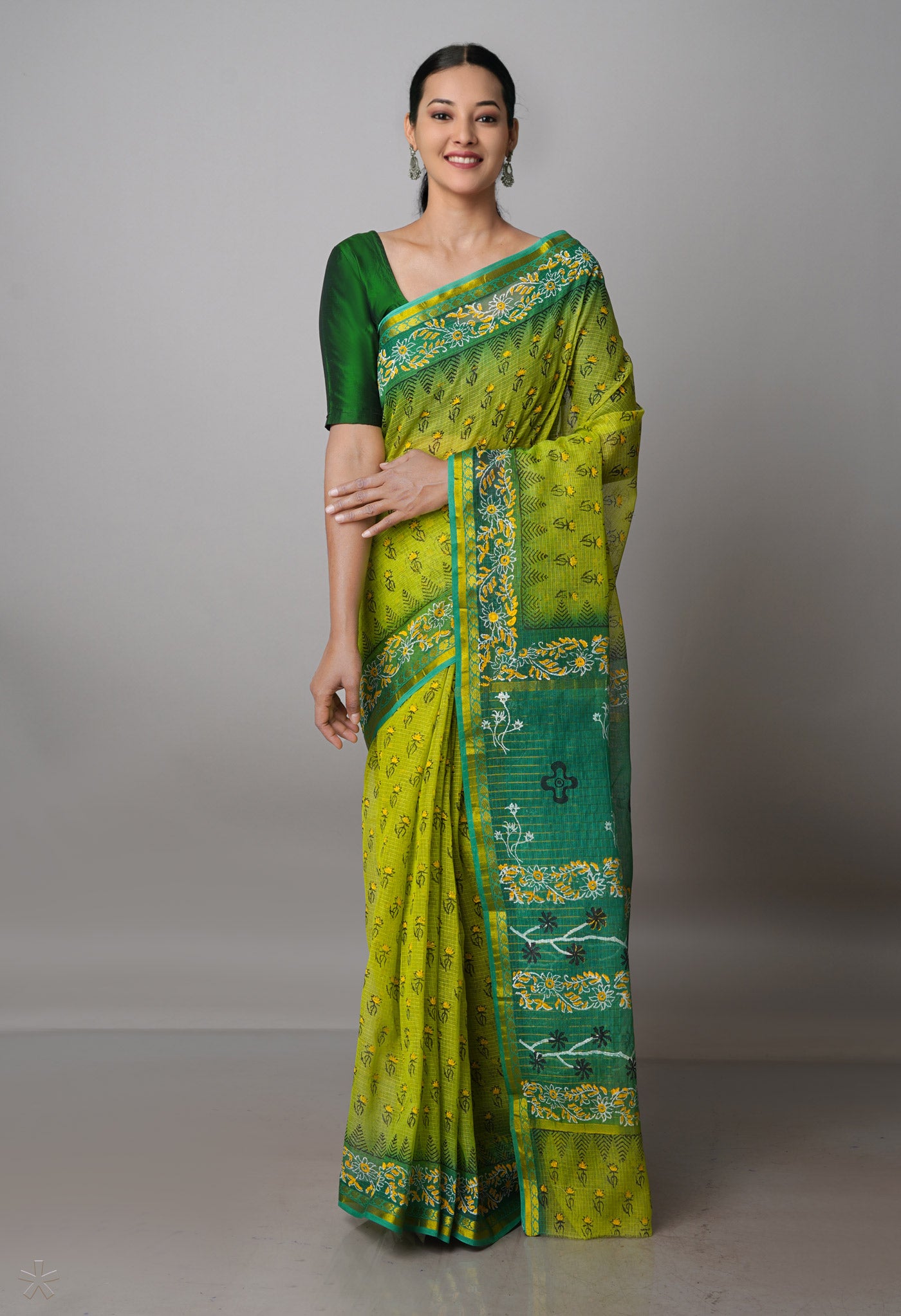 Mehindi Green Pure  Block Printed Kota Cotton Saree-UNM69963