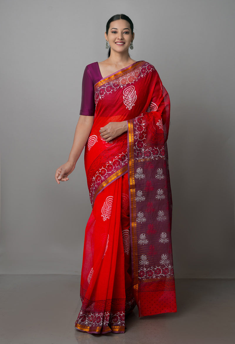 Red Pure  Block Printed Kota Cotton Saree-UNM69965
