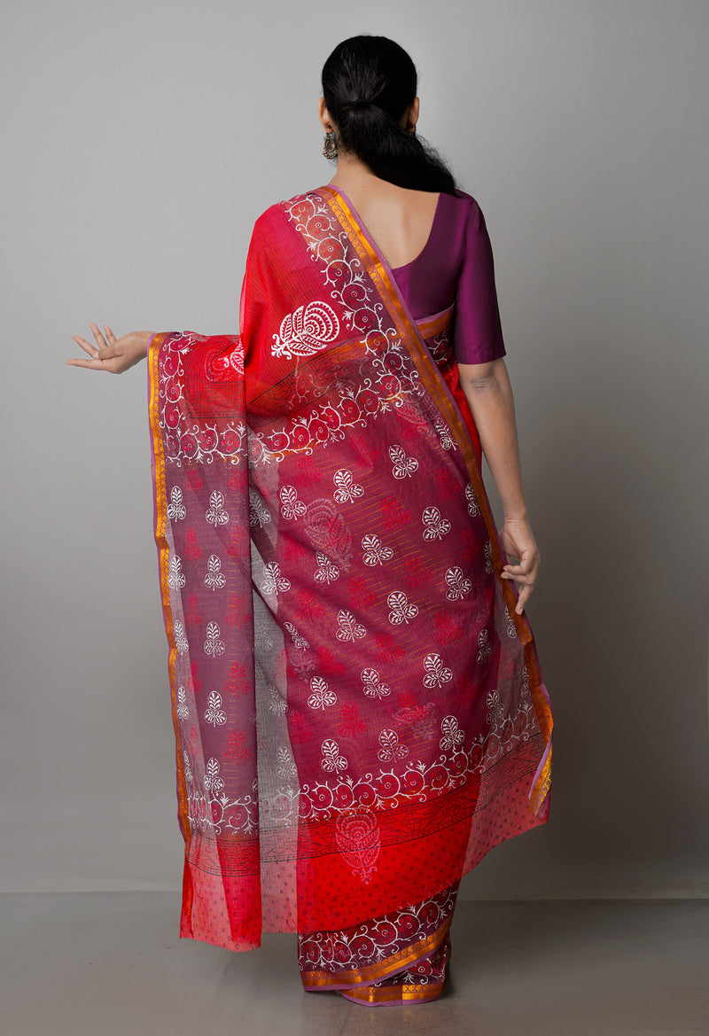 Red Pure  Block Printed Kota Cotton Saree-UNM69965