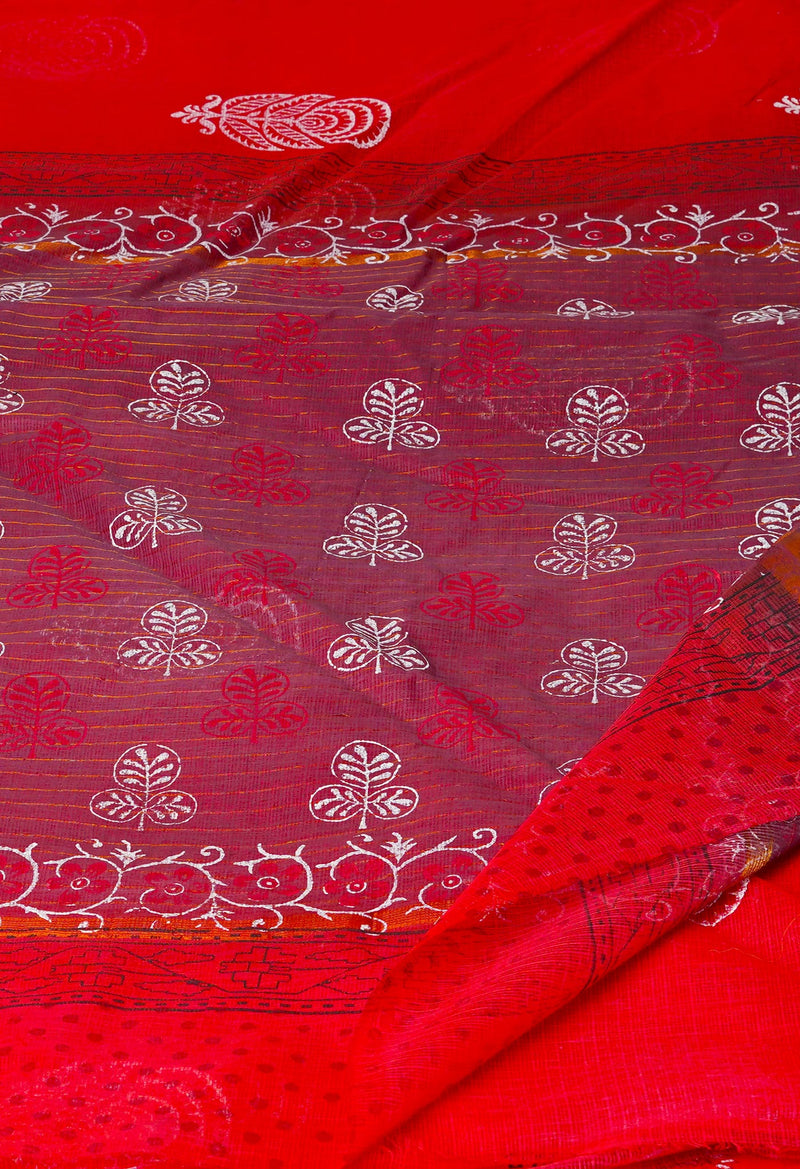 Red Pure  Block Printed Kota Cotton Saree-UNM69965