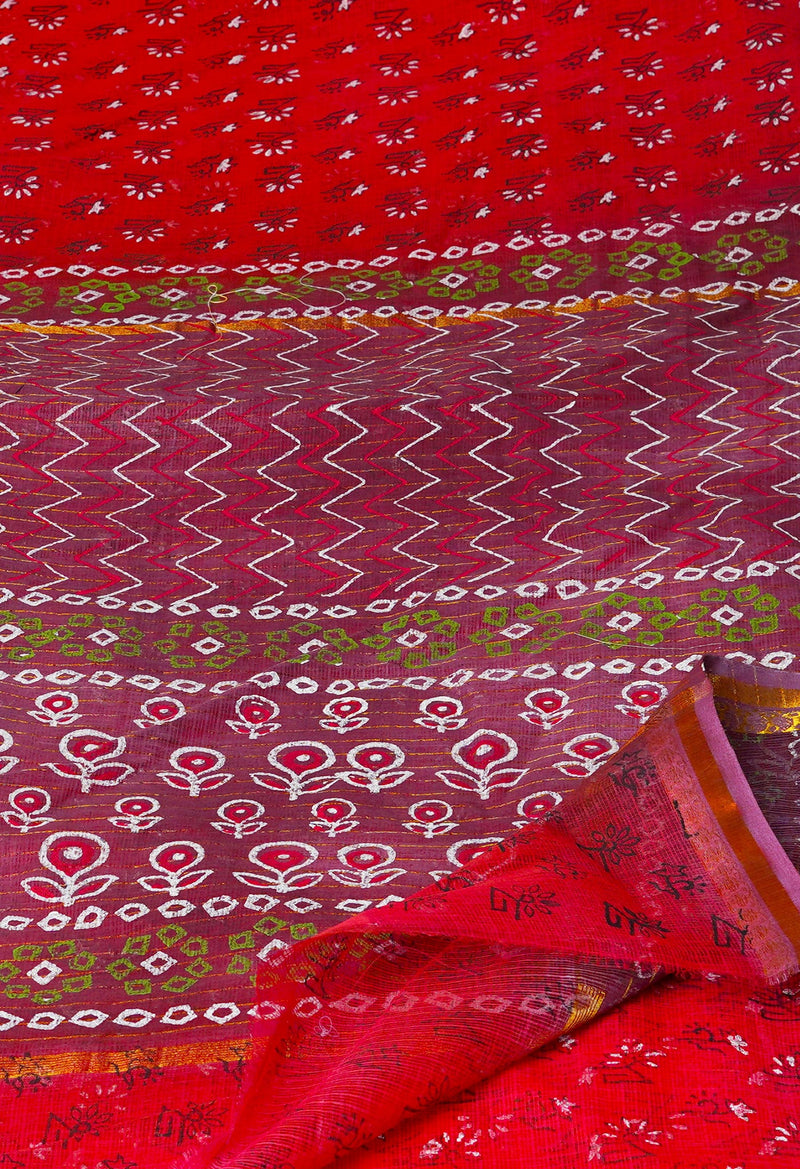Red Pure  Block Printed Kota Cotton Saree-UNM69967
