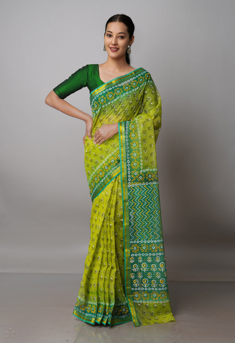 Mehindi Green Pure  Block Printed Kota Cotton Saree-UNM69969