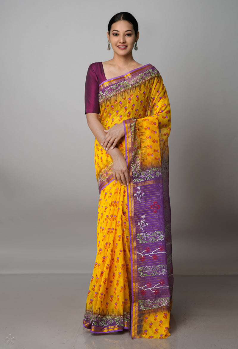 Yellow Pure  Block Printed Kota Cotton Saree-UNM69970