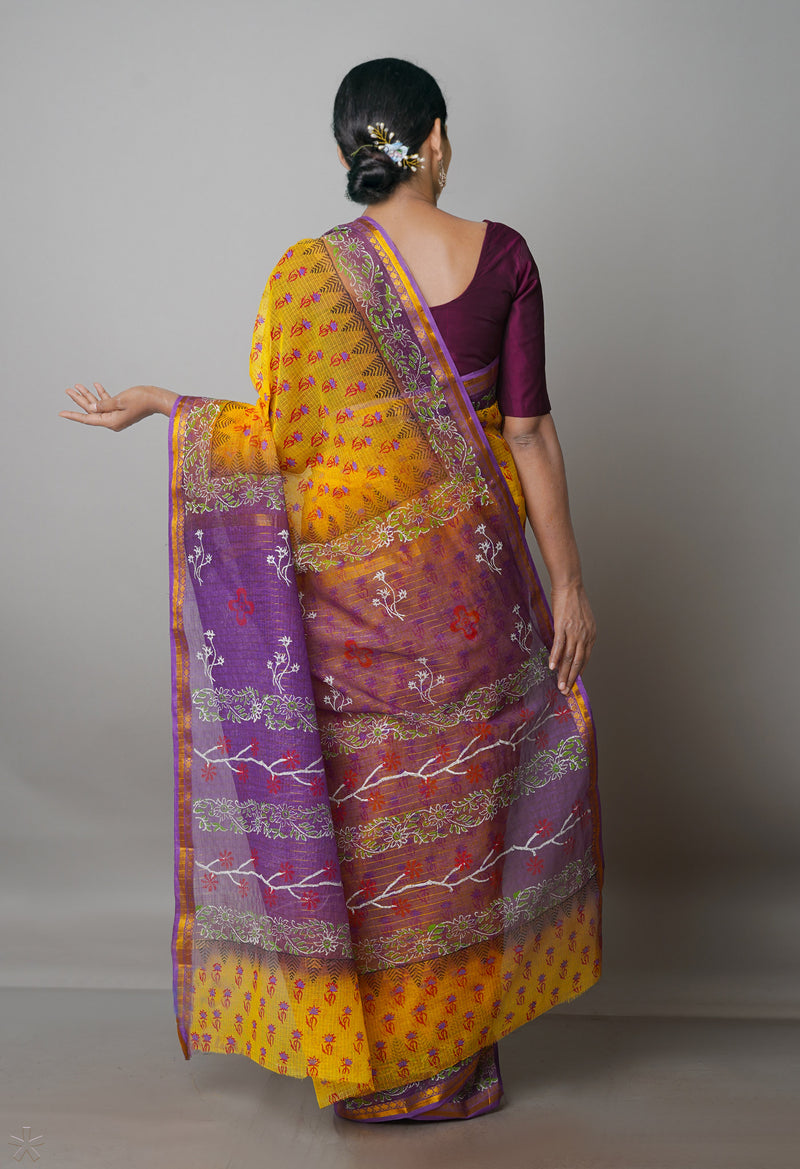 Yellow Pure  Block Printed Kota Cotton Saree-UNM69970