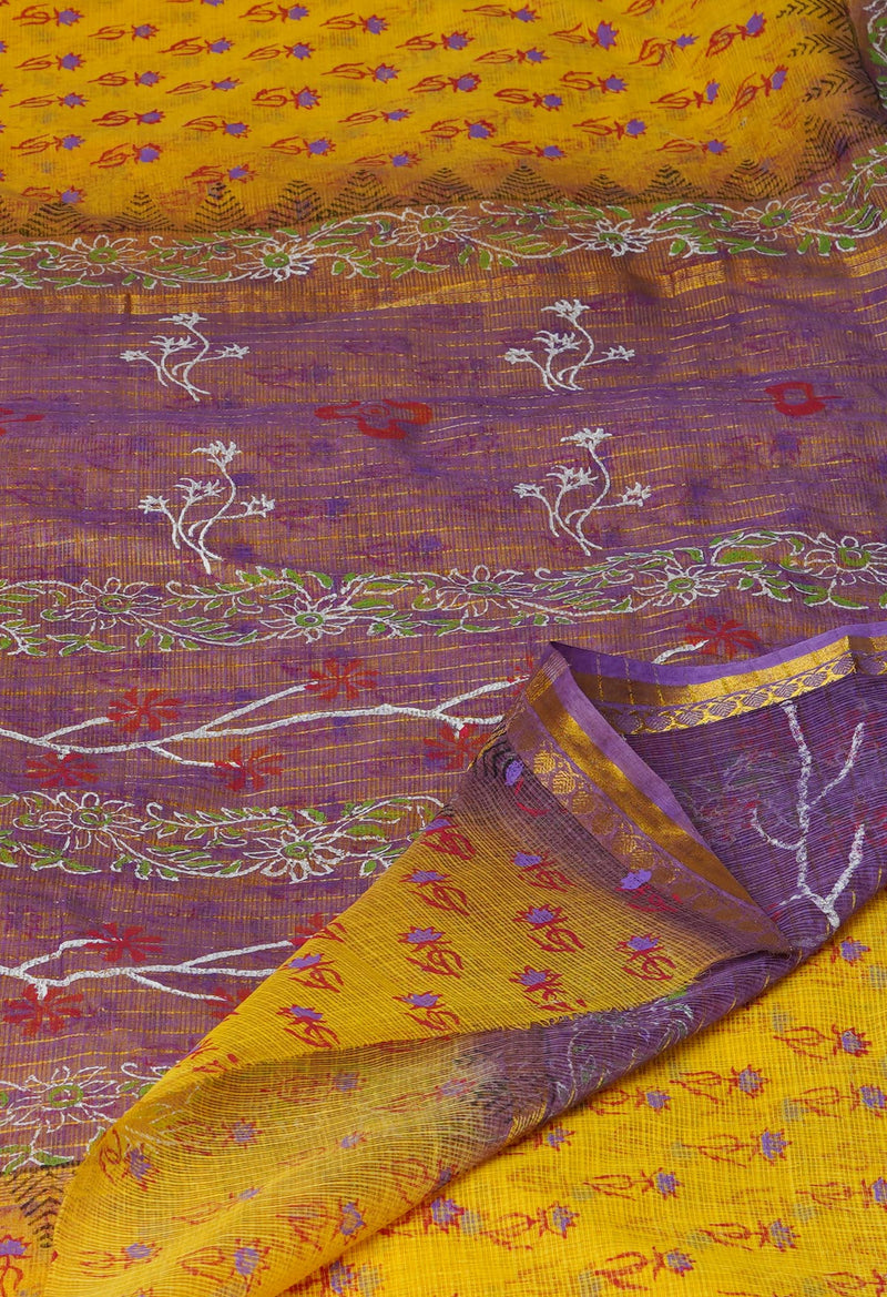 Yellow Pure  Block Printed Kota Cotton Saree-UNM69970