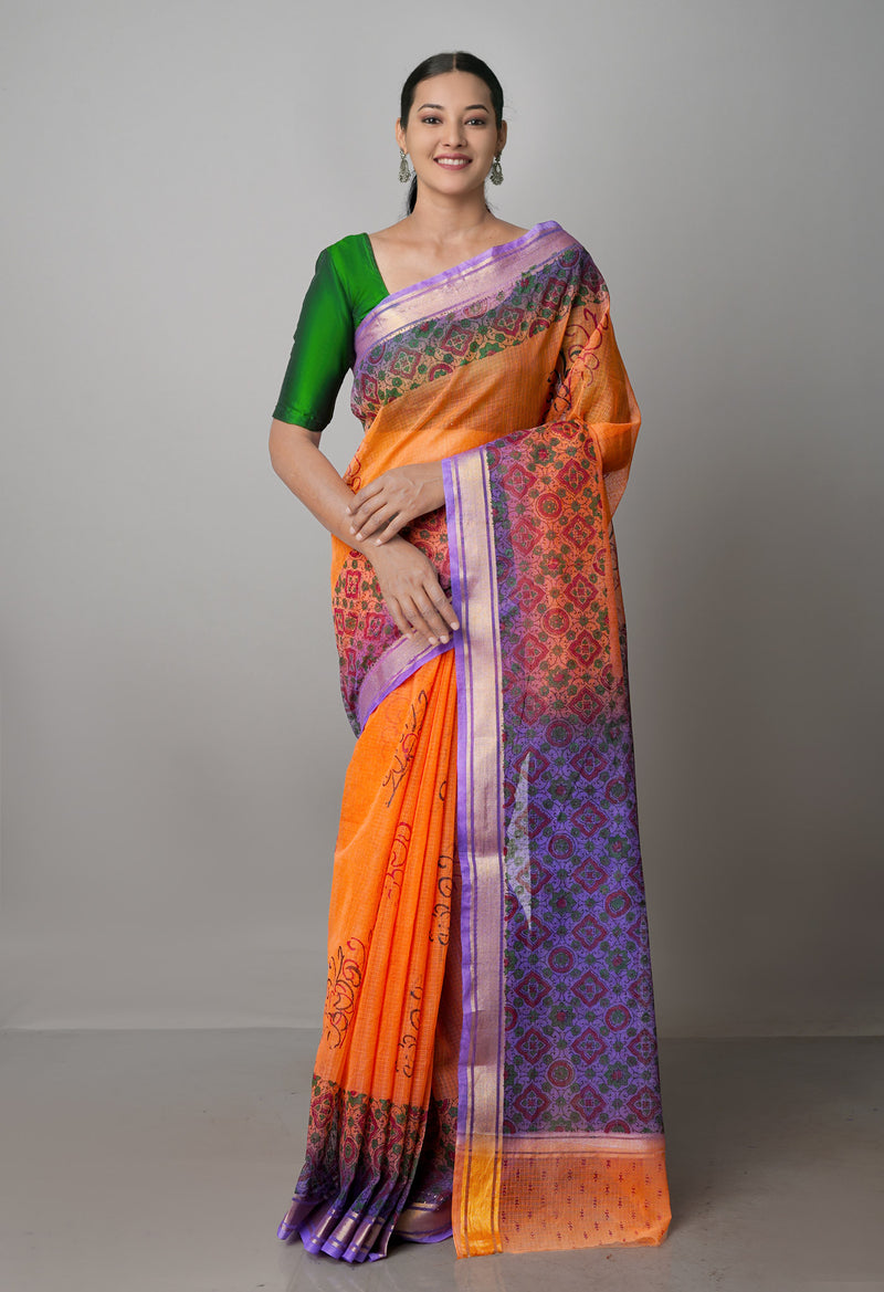 Orange Pure  Block Printed Kota Cotton Saree-UNM69975