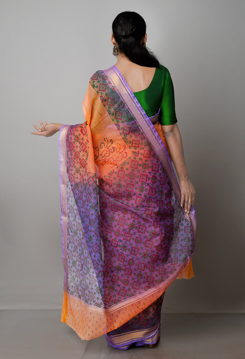 Orange Pure  Block Printed Kota Cotton Saree-UNM69975