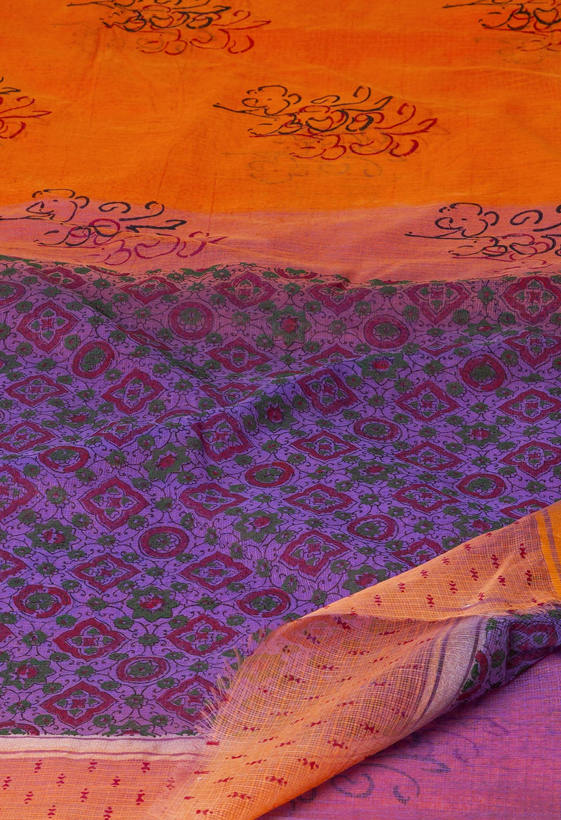 Orange Pure  Block Printed Kota Cotton Saree-UNM69975