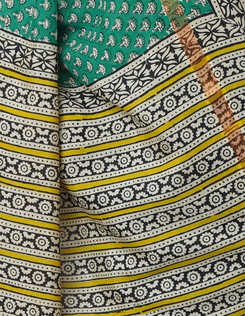 Green-Cream Pure  Preet Bagru Chanderi Sico Saree-UNM69979