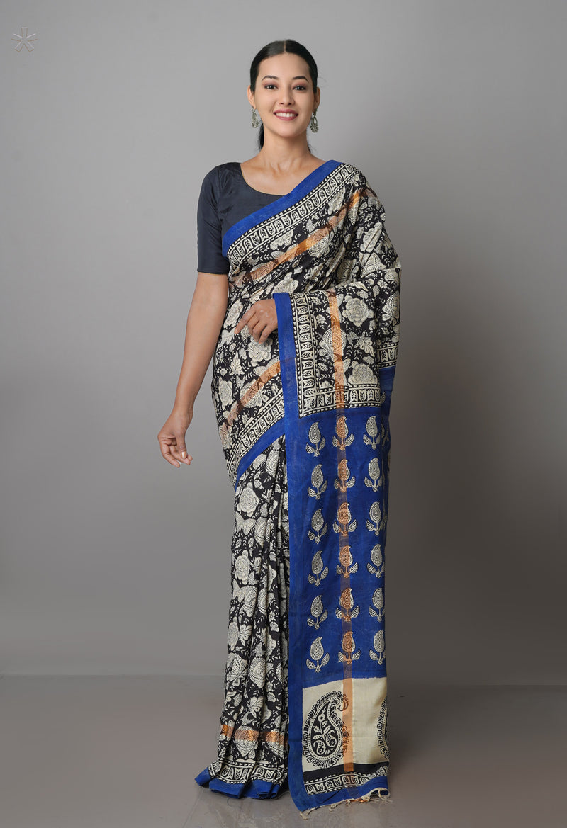 Black-Cream Pure  Preet Bagru Chanderi Sico Saree-UNM69980
