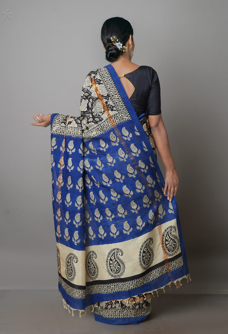 Black-Cream Pure  Preet Bagru Chanderi Sico Saree-UNM69980