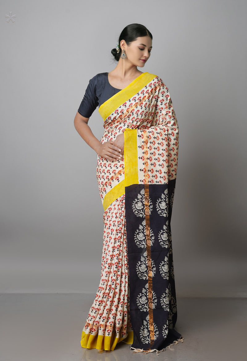 Cream-Red Pure  Preet Bagru Chanderi Sico Saree-UNM69982